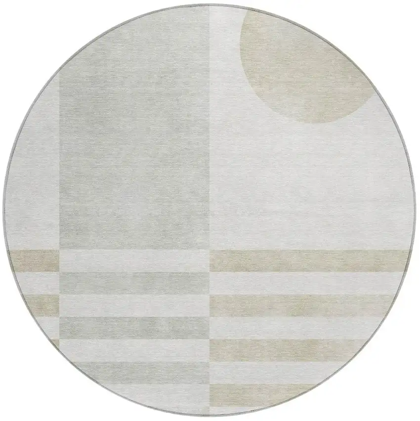 8' Linen And Ivory Round Geometric Washable Indoor Outdoor Area Rug Photo 3