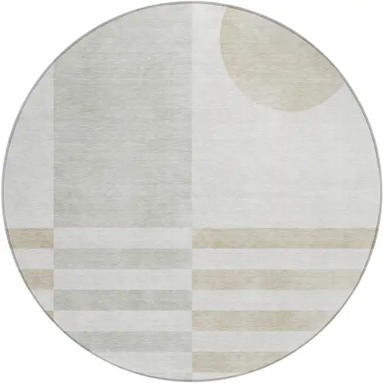 8' Linen And Ivory Round Geometric Washable Indoor Outdoor Area Rug Photo 1