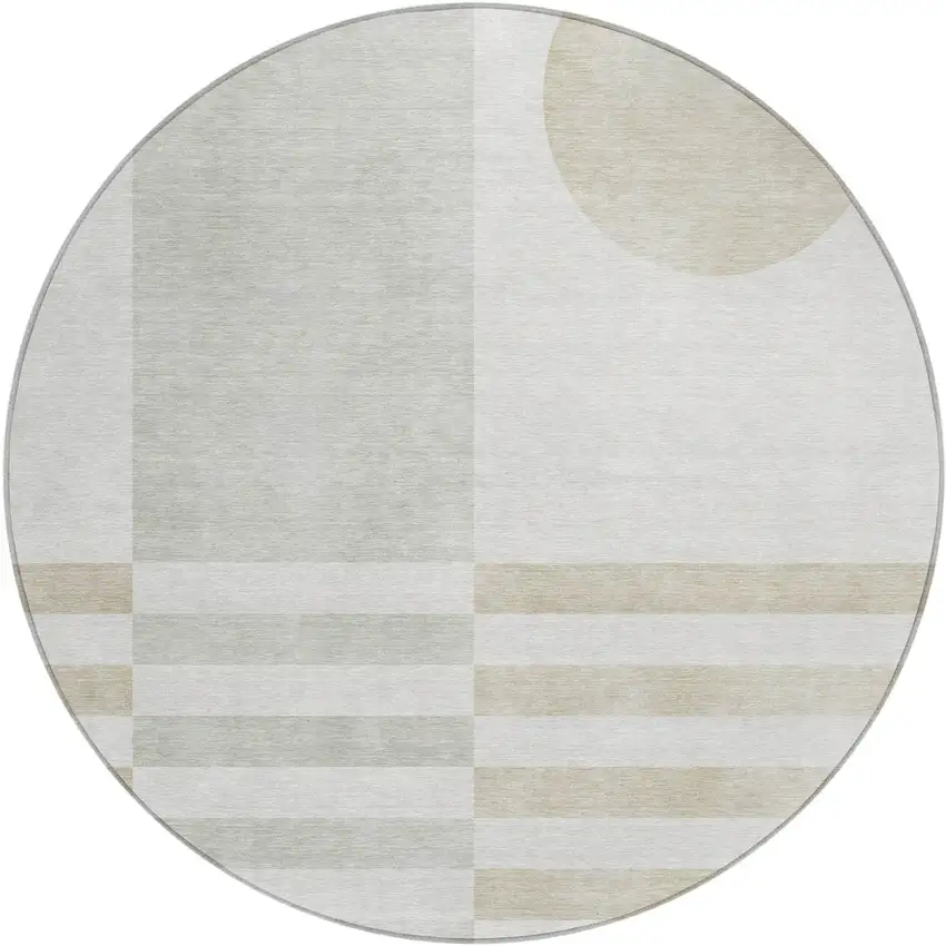 8' Linen And Ivory Round Geometric Washable Indoor Outdoor Area Rug Photo 1