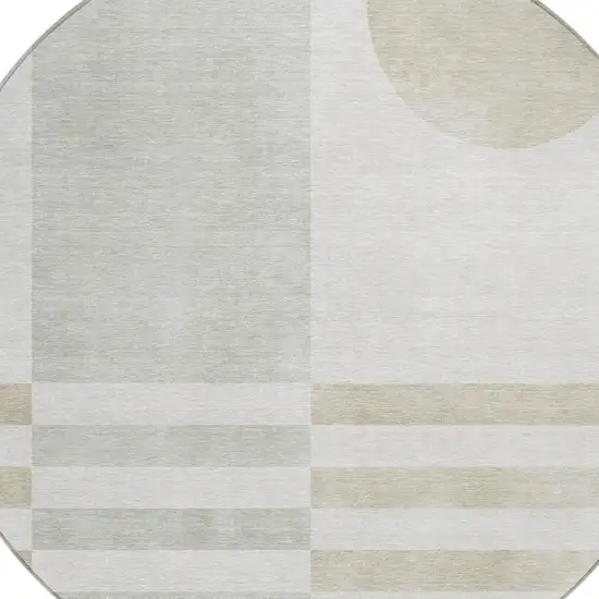 8' Linen And Ivory Round Geometric Washable Indoor Outdoor Area Rug Photo 5