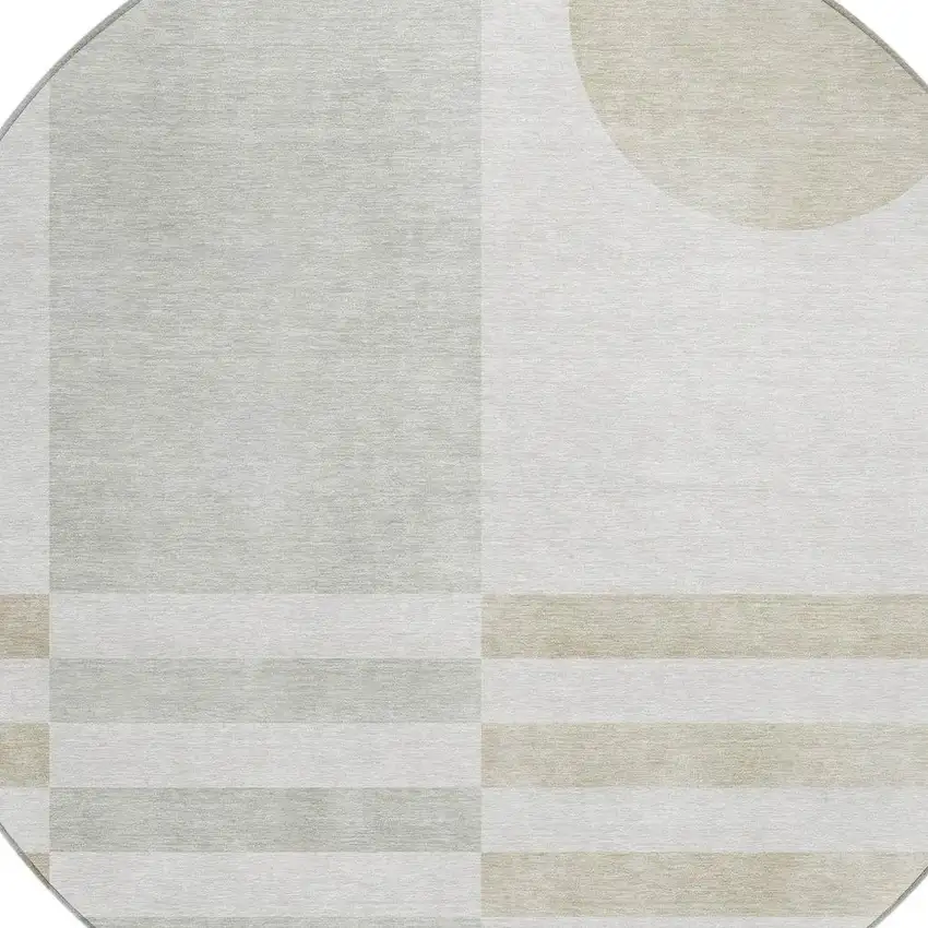 8' Linen And Ivory Round Geometric Washable Indoor Outdoor Area Rug Photo 5