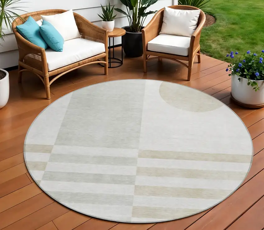 8' Linen And Ivory Round Geometric Washable Indoor Outdoor Area Rug Photo 2