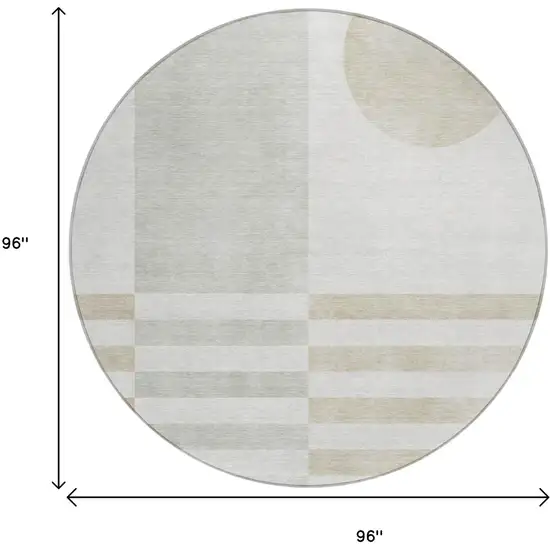 8' Linen And Ivory Round Geometric Washable Indoor Outdoor Area Rug Photo 8