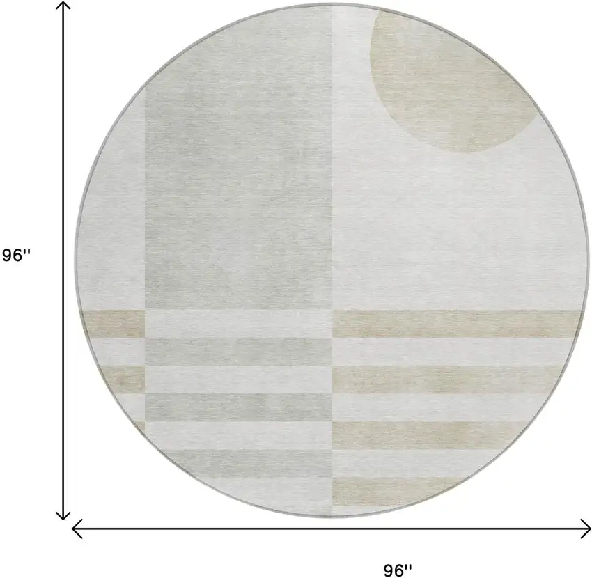8' Linen And Ivory Round Geometric Washable Indoor Outdoor Area Rug Photo 8