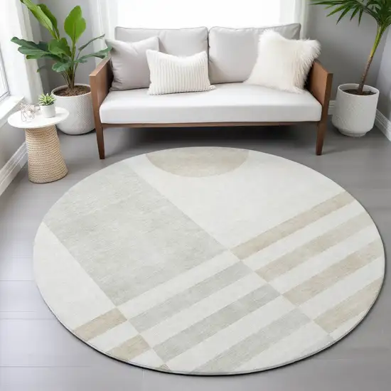 8' Linen And Ivory Round Geometric Washable Indoor Outdoor Area Rug Photo 7