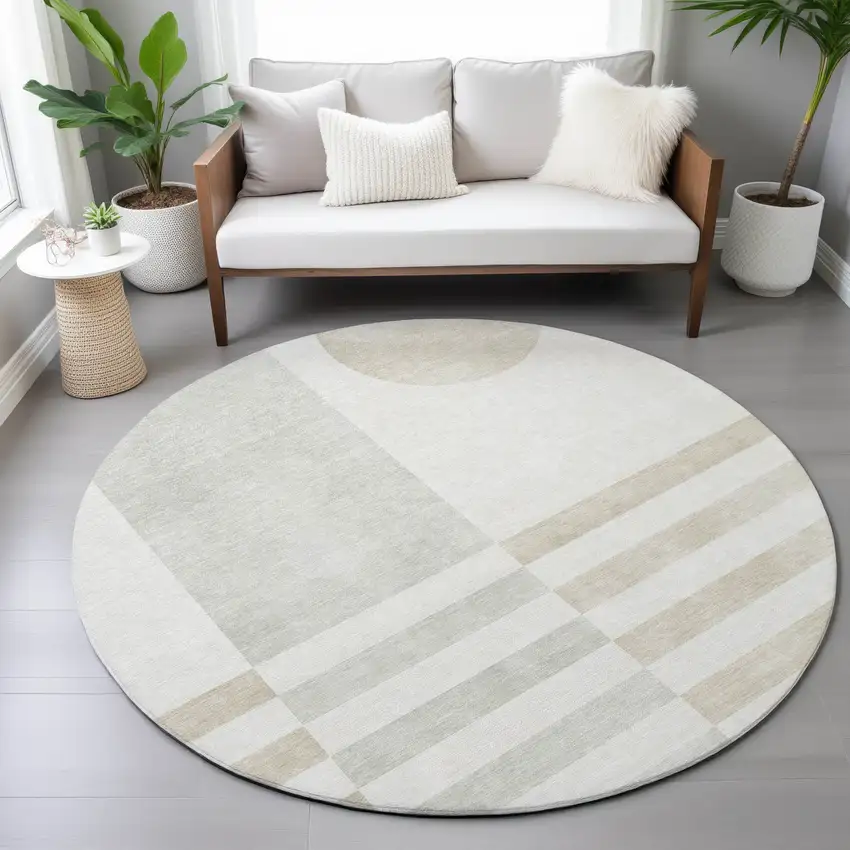 8' Linen And Ivory Round Geometric Washable Indoor Outdoor Area Rug Photo 7