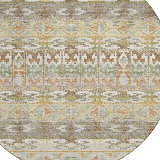 8' Linen And Ivory Round Geometric Washable Indoor Outdoor Area Rug Photo 2