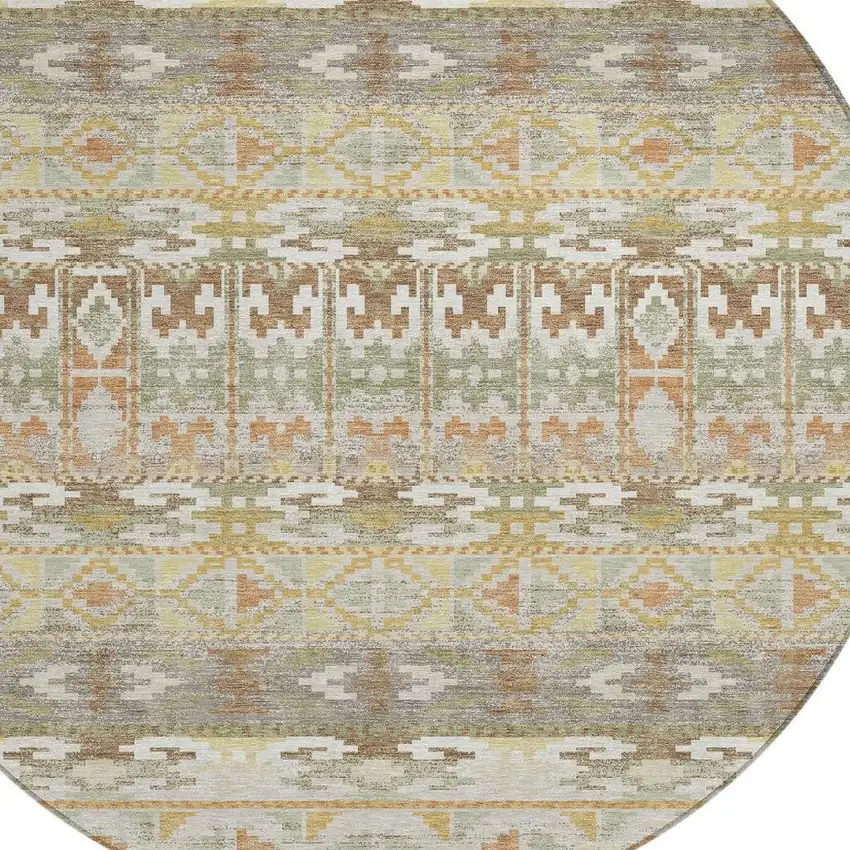 8' Linen And Ivory Round Geometric Washable Indoor Outdoor Area Rug Photo 2
