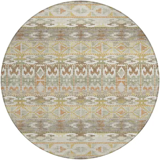 8' Linen And Ivory Round Geometric Washable Indoor Outdoor Area Rug Photo 1