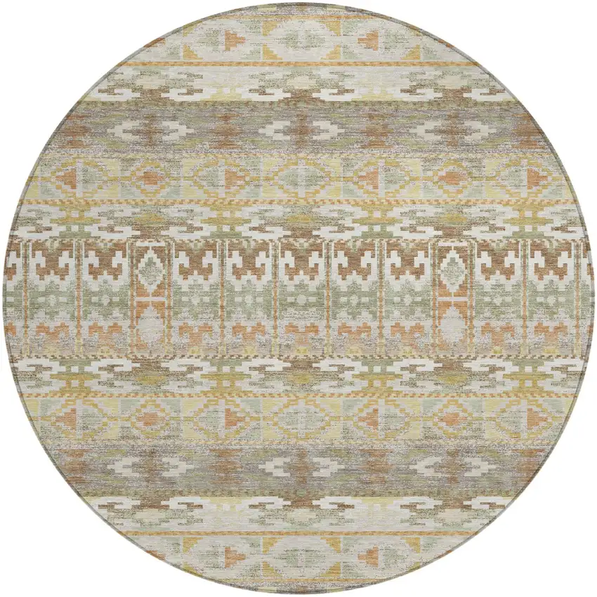 8' Linen And Ivory Round Geometric Washable Indoor Outdoor Area Rug Photo 1