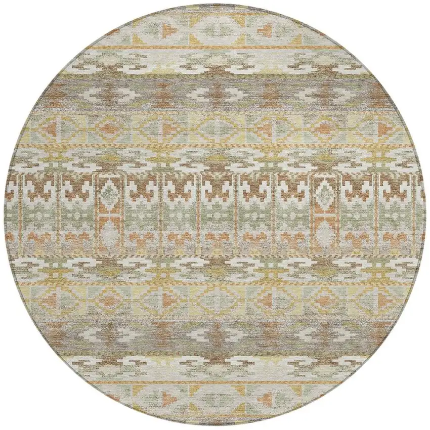 8' Linen And Ivory Round Geometric Washable Indoor Outdoor Area Rug Photo 3