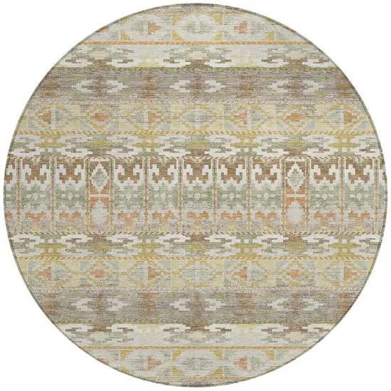 8' Linen And Ivory Round Geometric Washable Indoor Outdoor Area Rug Photo 3
