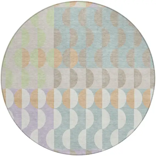 8' Linen And Ivory Round Geometric Washable Indoor Outdoor Area Rug Photo 2