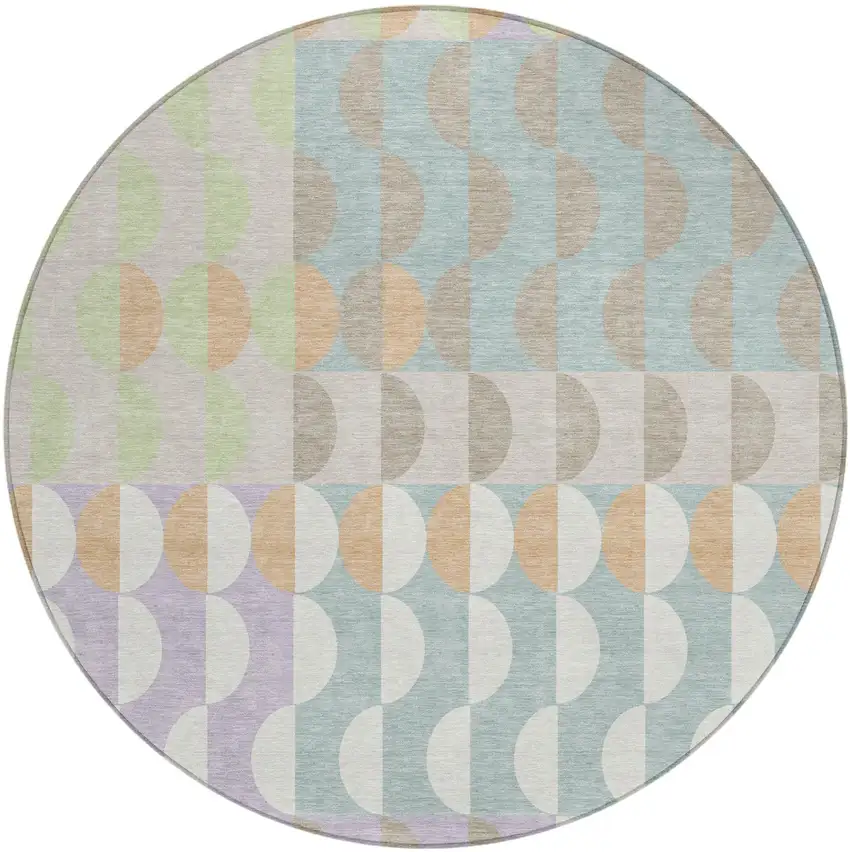8' Linen And Ivory Round Geometric Washable Indoor Outdoor Area Rug Photo 2