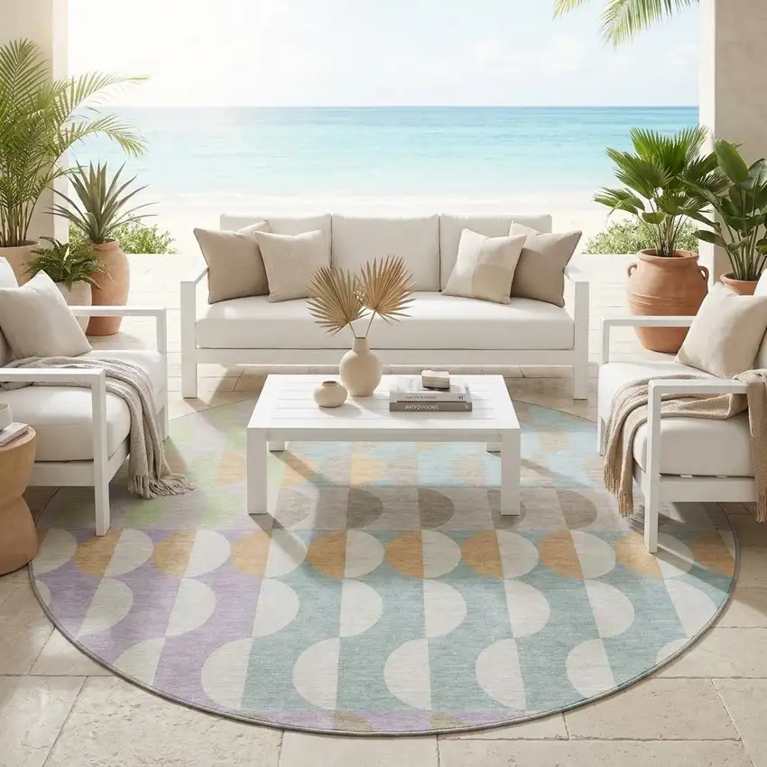 8' Linen And Ivory Round Geometric Washable Indoor Outdoor Area Rug Photo 1
