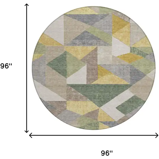 8' Linen And Ivory Round Geometric Washable Indoor Outdoor Area Rug Photo 6