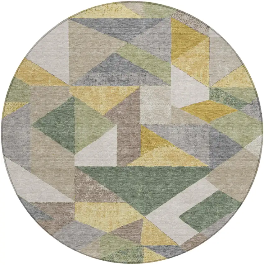 8' Linen And Ivory Round Geometric Washable Indoor Outdoor Area Rug Photo 2