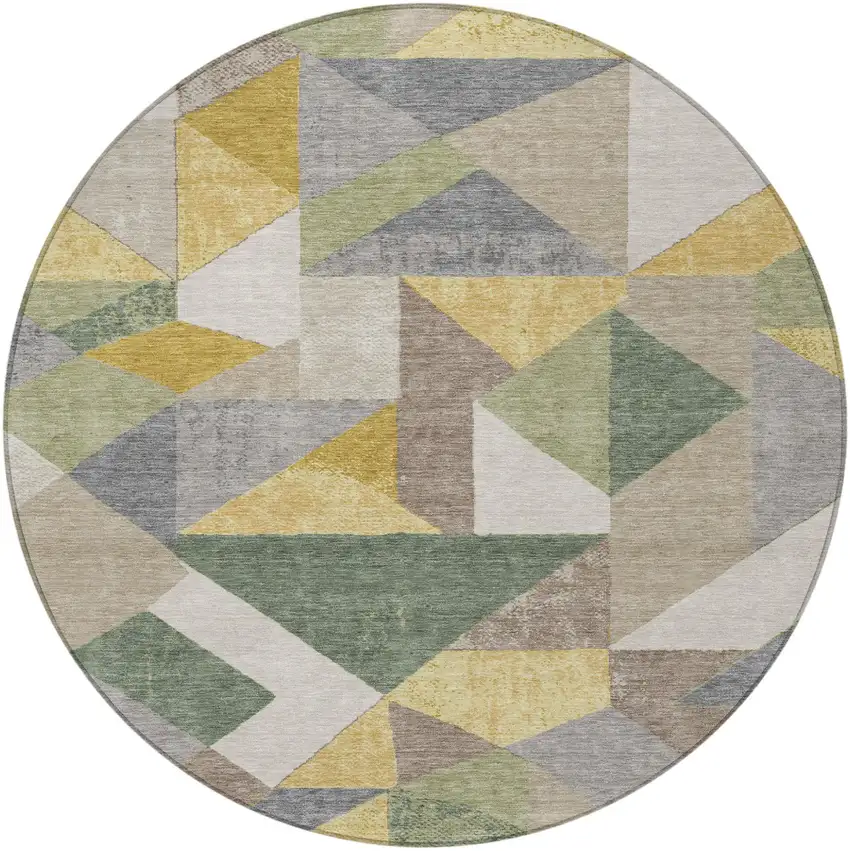 8' Linen And Ivory Round Geometric Washable Indoor Outdoor Area Rug Photo 3