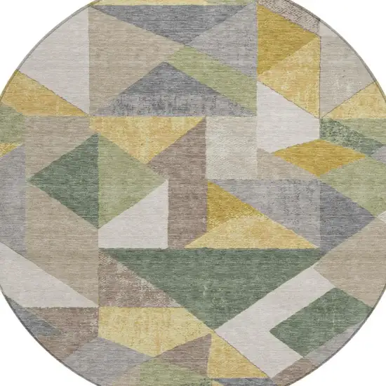 8' Linen And Ivory Round Geometric Washable Indoor Outdoor Area Rug Photo 1