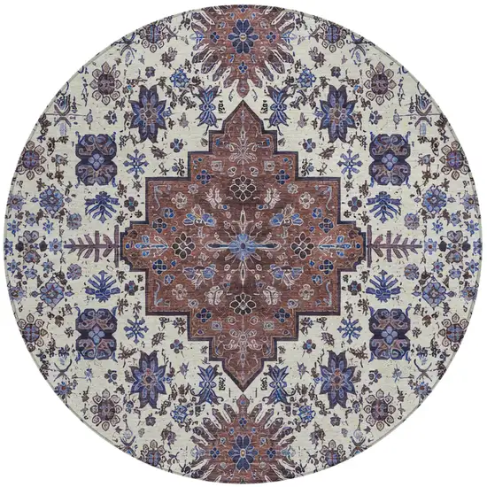 8' Linen And Ivory Round Oriental Washable Indoor Outdoor Area Rug Photo 2