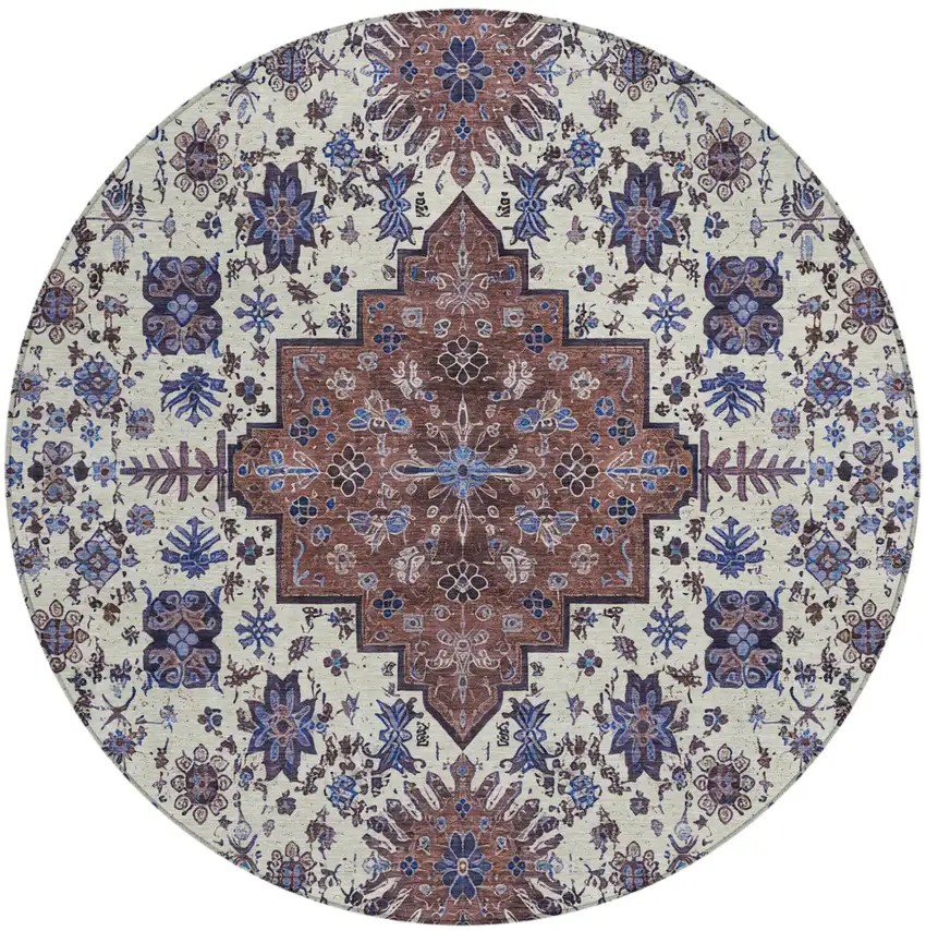 8' Linen And Ivory Round Oriental Washable Indoor Outdoor Area Rug Photo 2