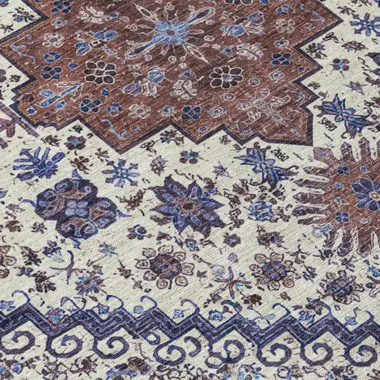 8' Linen And Ivory Round Oriental Washable Indoor Outdoor Area Rug Photo 3