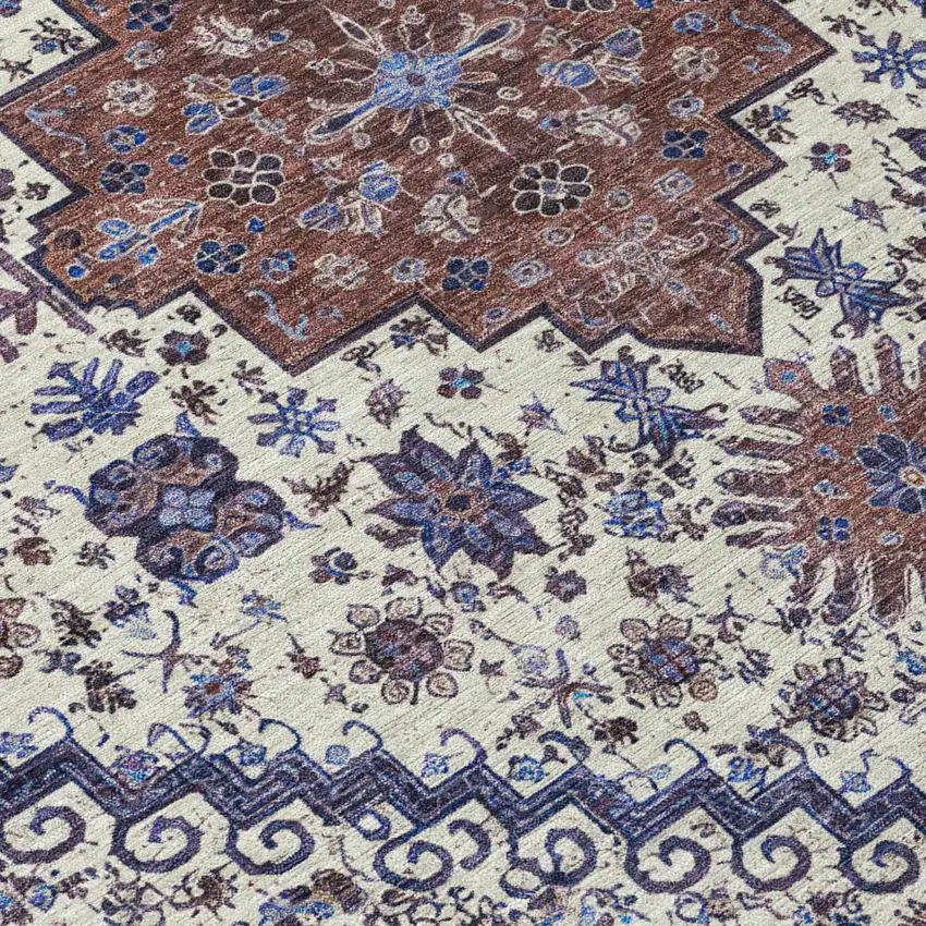 8' Linen And Ivory Round Oriental Washable Indoor Outdoor Area Rug Photo 3
