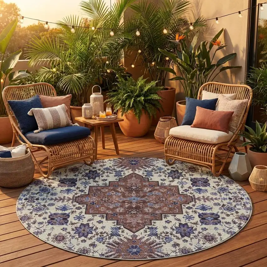 8' Linen And Ivory Round Oriental Washable Indoor Outdoor Area Rug Photo 1