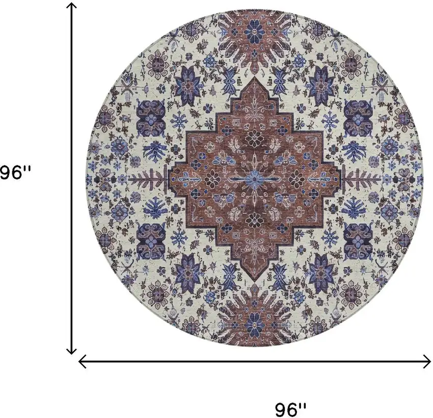 8' Linen And Ivory Round Oriental Washable Indoor Outdoor Area Rug Photo 4