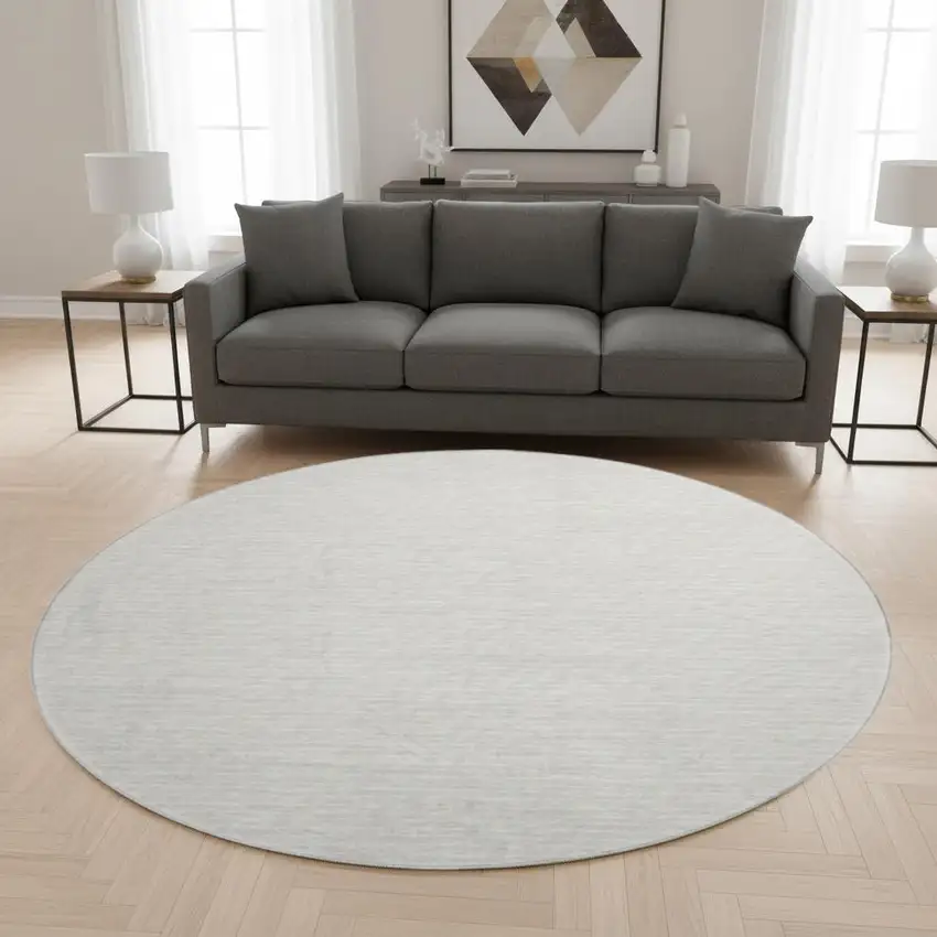 8' Linen And Ivory Striped Washable Round Rug With UV Protection Photo 1