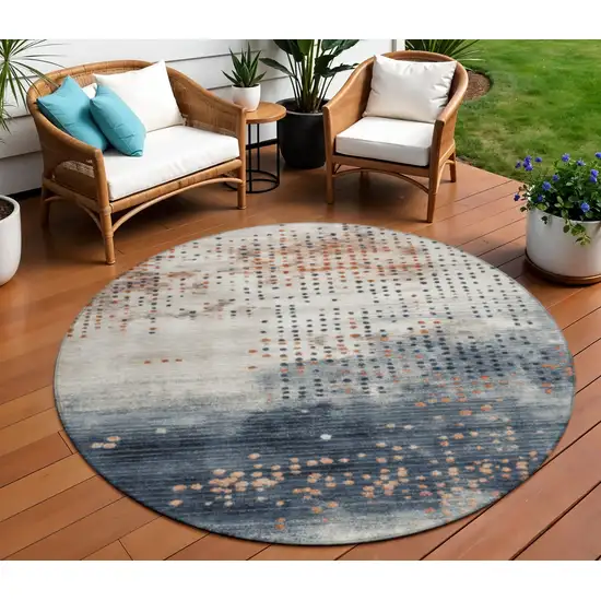 8' Linen And Navy Blue Round Geometric Washable Indoor Outdoor Area Rug Photo 2