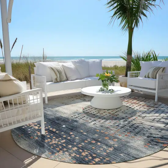 8' Linen And Navy Blue Round Geometric Washable Indoor Outdoor Area Rug Photo 5