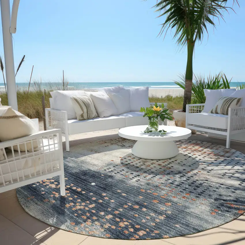 8' Linen And Navy Blue Round Geometric Washable Indoor Outdoor Area Rug Photo 5