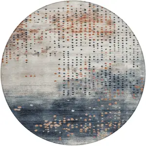 Photo of 8' Linen And Navy Blue Round Geometric Washable Indoor Outdoor Area Rug