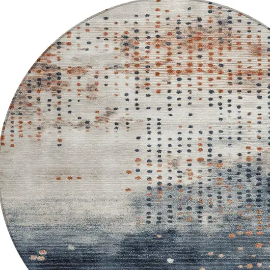 8' Linen And Navy Blue Round Geometric Washable Indoor Outdoor Area Rug Photo 8