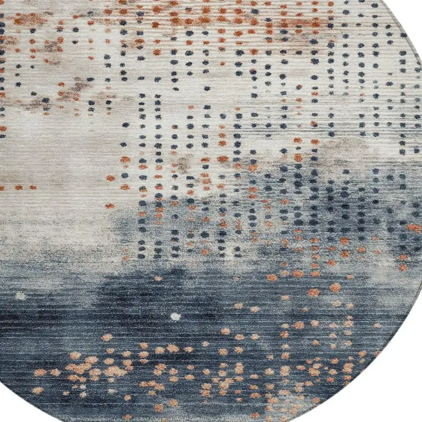 8' Linen And Navy Blue Round Geometric Washable Indoor Outdoor Area Rug Photo 4