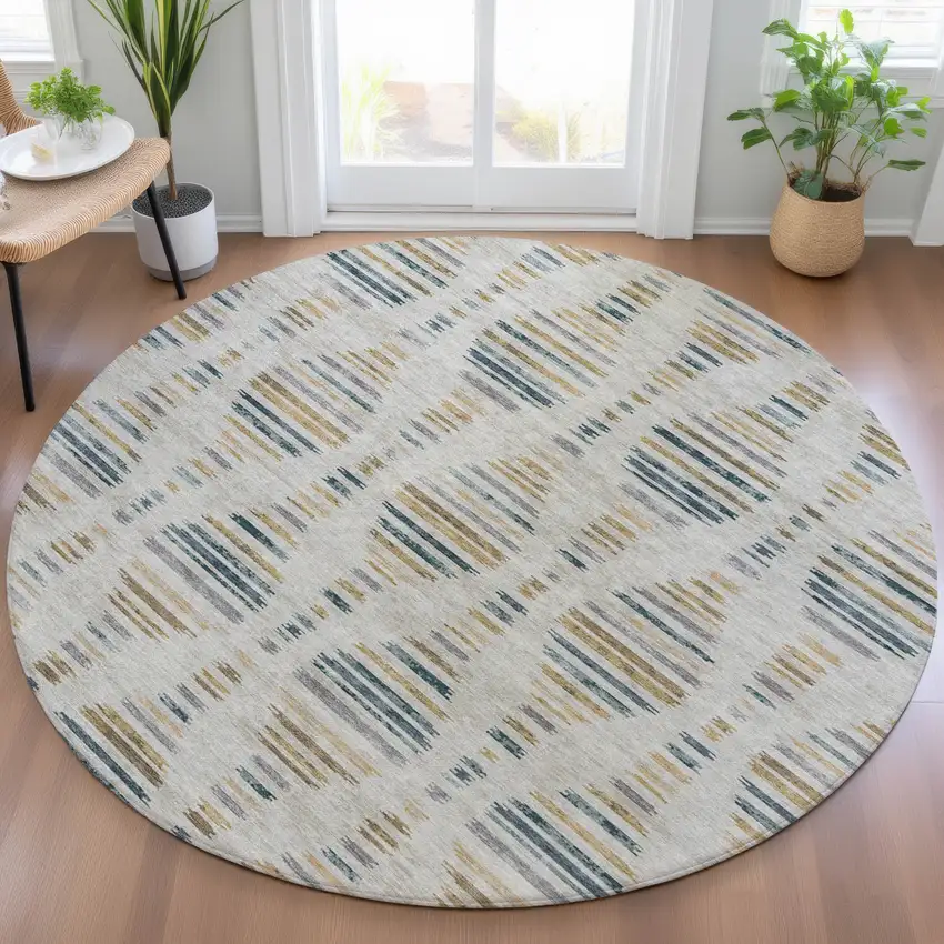 8' Linen And Navy Blue Round Striped Washable Indoor Outdoor Area Rug Photo 6