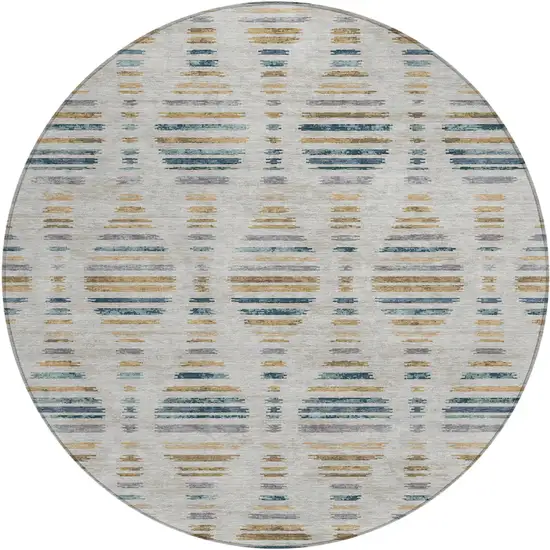 8' Linen And Navy Blue Round Striped Washable Indoor Outdoor Area Rug Photo 1