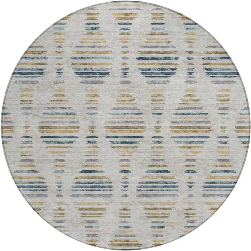 8' Linen And Navy Blue Round Striped Washable Indoor Outdoor Area Rug Photo 1