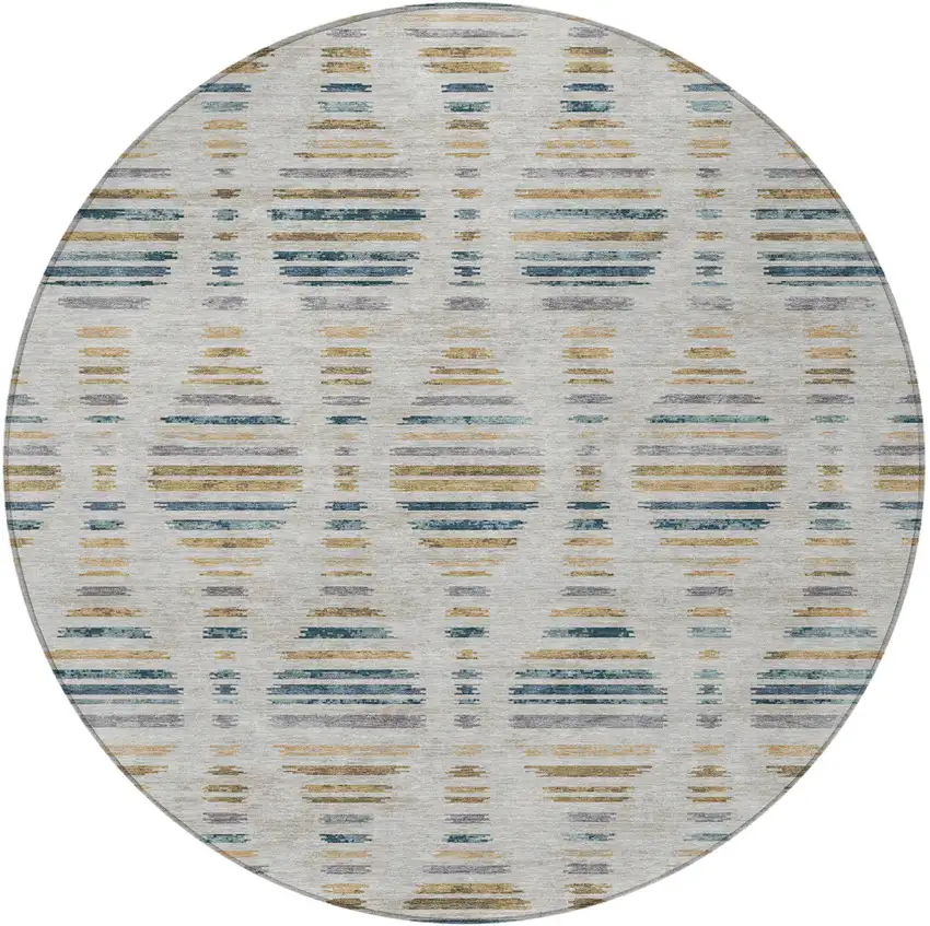 8' Linen And Navy Blue Round Striped Washable Indoor Outdoor Area Rug Photo 3