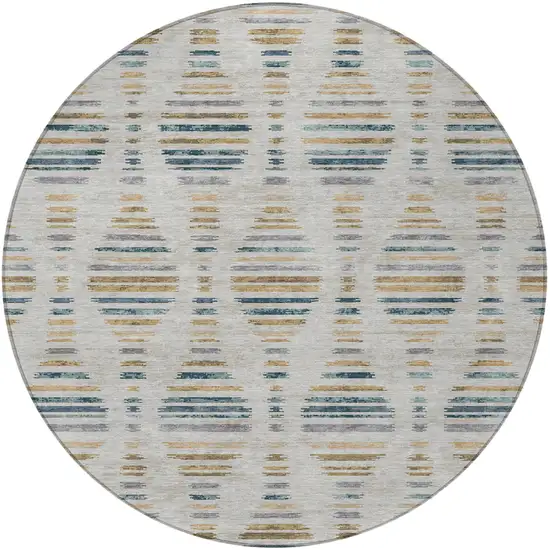 8' Linen And Navy Blue Round Striped Washable Indoor Outdoor Area Rug Photo 3
