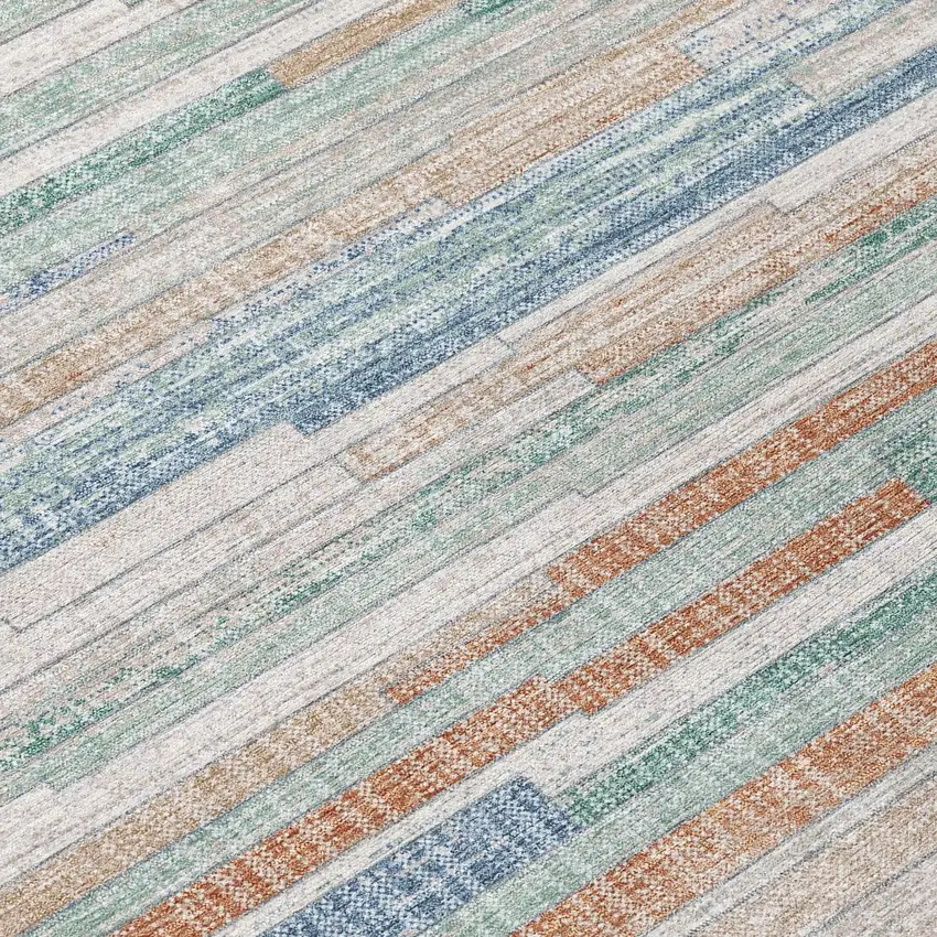 8' Linen And Pale Aqua Round Striped Washable Indoor Outdoor Area Rug Photo 8