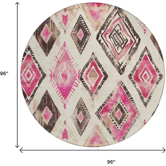 8' Linen And Pink Round Aztec Washable Indoor Outdoor Area Rug Photo 9