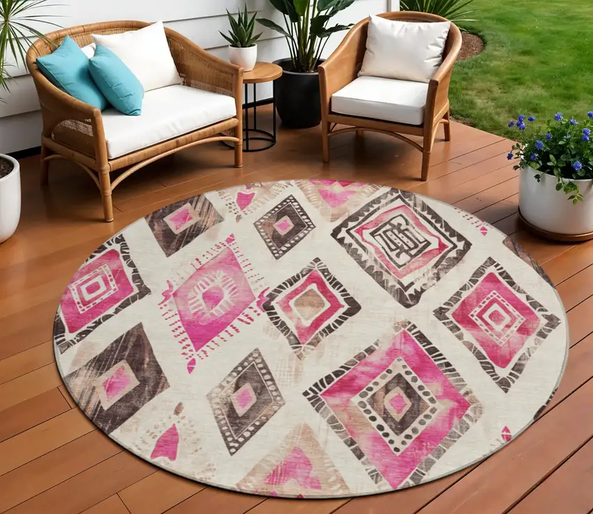 8' Linen And Pink Round Aztec Washable Indoor Outdoor Area Rug Photo 2