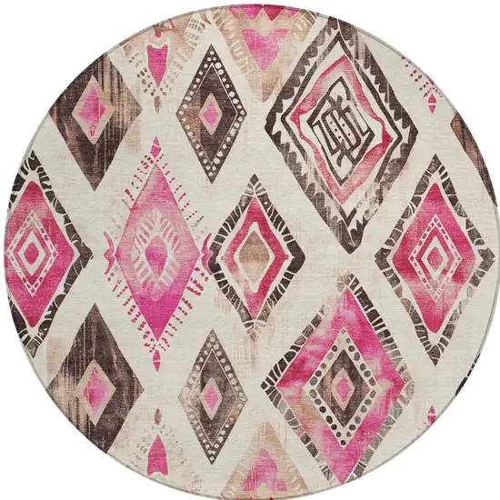 8' Linen And Pink Round Aztec Washable Indoor Outdoor Area Rug Photo 4