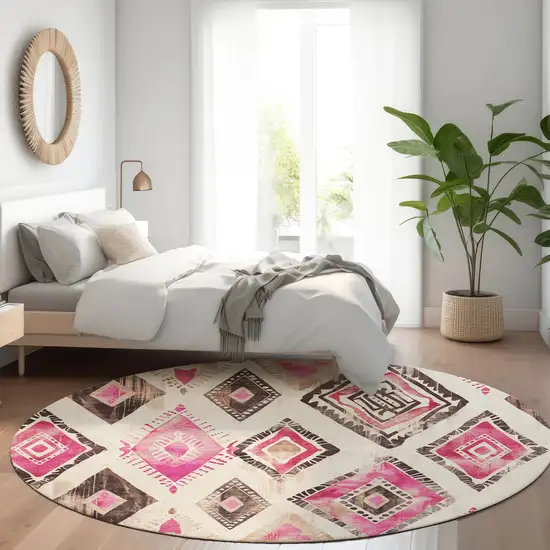 8' Linen And Pink Round Aztec Washable Indoor Outdoor Area Rug Photo 6