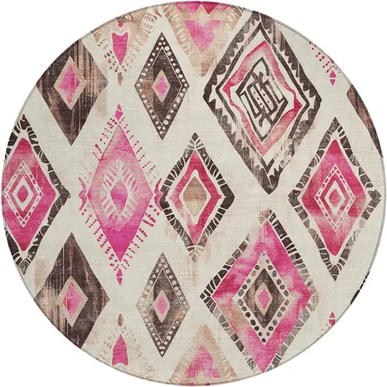 8' Linen And Pink Round Aztec Washable Indoor Outdoor Area Rug Photo 1