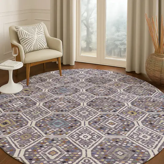 8' Linen And Plum Round Geometric Washable Indoor Outdoor Area Rug Photo 5