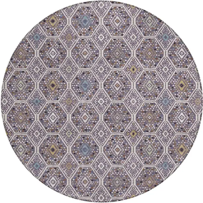 8' Linen And Plum Round Geometric Washable Indoor Outdoor Area Rug Photo 3