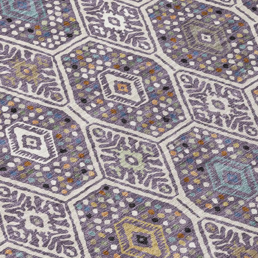 8' Linen And Plum Round Geometric Washable Indoor Outdoor Area Rug Photo 7